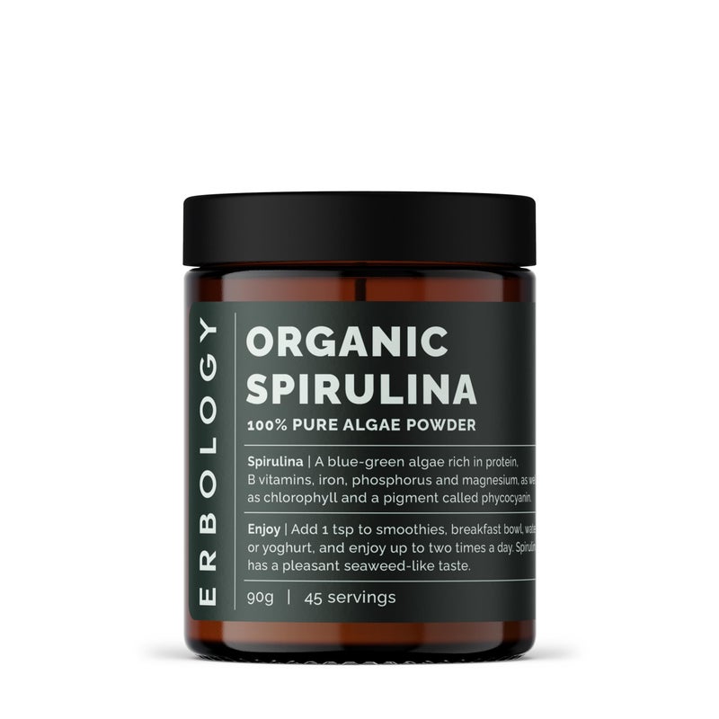 Erbology Organic Spirulina Powder 90g - 45 Servings - Sustainably Sourced in Portugal - Energy and Immunity Support - Rich in Chlorophyll, B Vitamins, Iron and Phosphorus - Vegan - GMO-Free